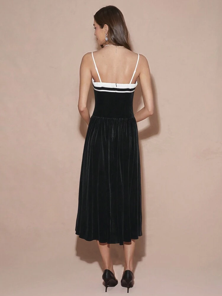 Women's Velvet Elegant Dress, Black And White Contrast Tie, Front Button, Bow Tie Design, Spaghetti Straps Long Black Dress,Fall Women Dress,Winter Women Clothes