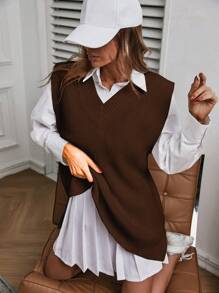 EURMUSE Solid Slit Hem Sweater Vest Without Blouse - Brown - View 5