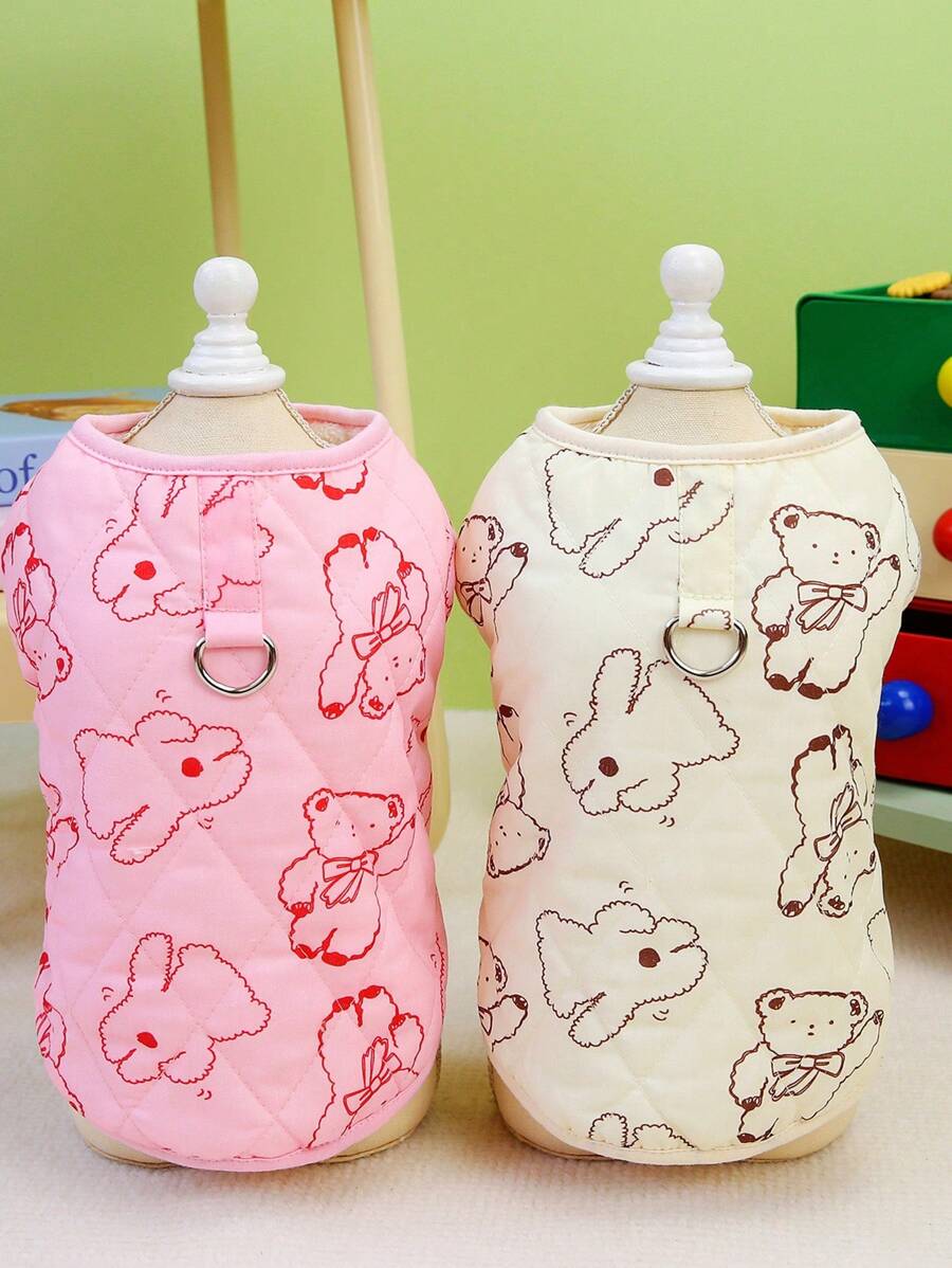 PETSIN Lindo abrigo térmico acolchado con estampado de oso rosa para mascotas, incluye correa, adecuado para otoño/invierno - Rosa - Ver 1