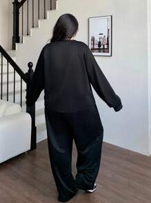 Dazy Plus Plus Size Asymmetrical Hem V-Neck Sweatshirt & Solid Color Casual Sweatpants 2 Pieces Set,Fall Clothes - Black - View 2