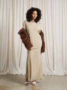AiiRZ Sheer Light Knit Full Sleeve Drop Shoulder Drape Maxi Dress