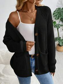 SHEIN LUNE Women Casual Everyday Pocket V-Neck Button Up Cardigan Sweater In Fall/Winter