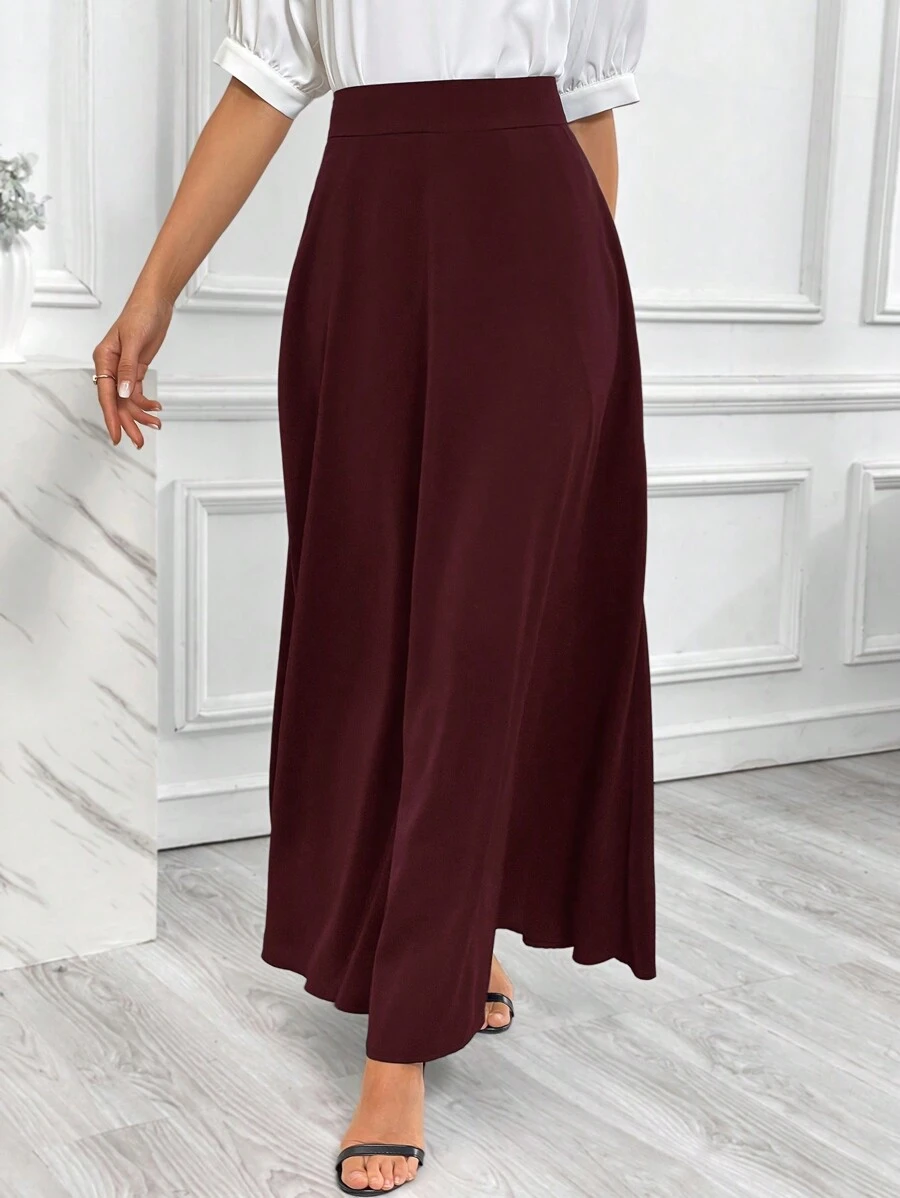 SHEIN Essnce 女士纯色高腰简约 A 字裙,休闲日常穿着 - 酒紅色 - 查看 1