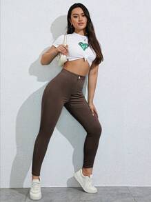 SHEIN Unity 女士纯色高腰紧身休闲裤 - 咖啡棕 - 查看 3