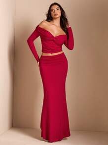 SHEIN BAE 2 件套女士露肩扭结纯色长袖上衣 + 高腰褶饰鱼尾裙，秋季 - 紅色 - 查看 5