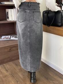 DAZY Women Casual Washed Denim Slit A-Line Skirt, Autumn/Winter Jeans Skirt