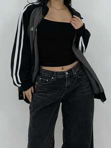 DAZY Chaqueta casual de manga larga con rayas laterales y estampado de letras a contraste, de otoño
