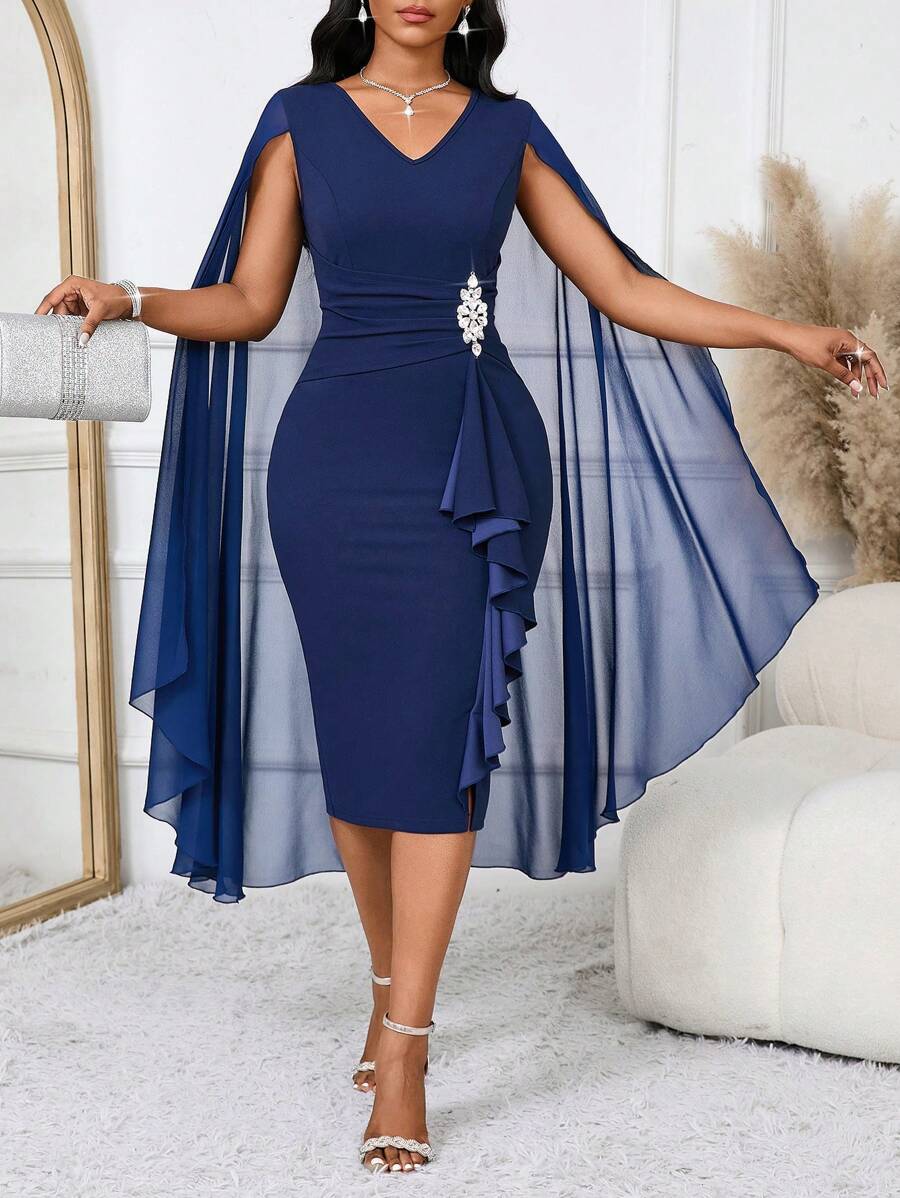SHEIN Lady Women's Elegant Cape Structured Blue See-Through Formal Evening Dress Fall Women Clothes Four Seasons Blue Dress & Royal Blue Women Dress Sexy Dress - Navy Blue - View 1
