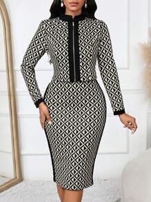 SHEIN Lady Conjunto de chaqueta corta y vestido lápiz con estampado. Conjunto de ropa de mujer para trabajo, fiesta y otoño. Ropa casual de negocios y uso en la oficina de dos piezas. Disfraces con agujeros y atuendos de Acción de Gracias para mujeres. Conjuntos elegantes de dos piezas para mujer en otoño e invierno. - Multicolor - Ver 6