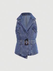 SHEIN Teen Girl Casual Washed Blue Denim Vest