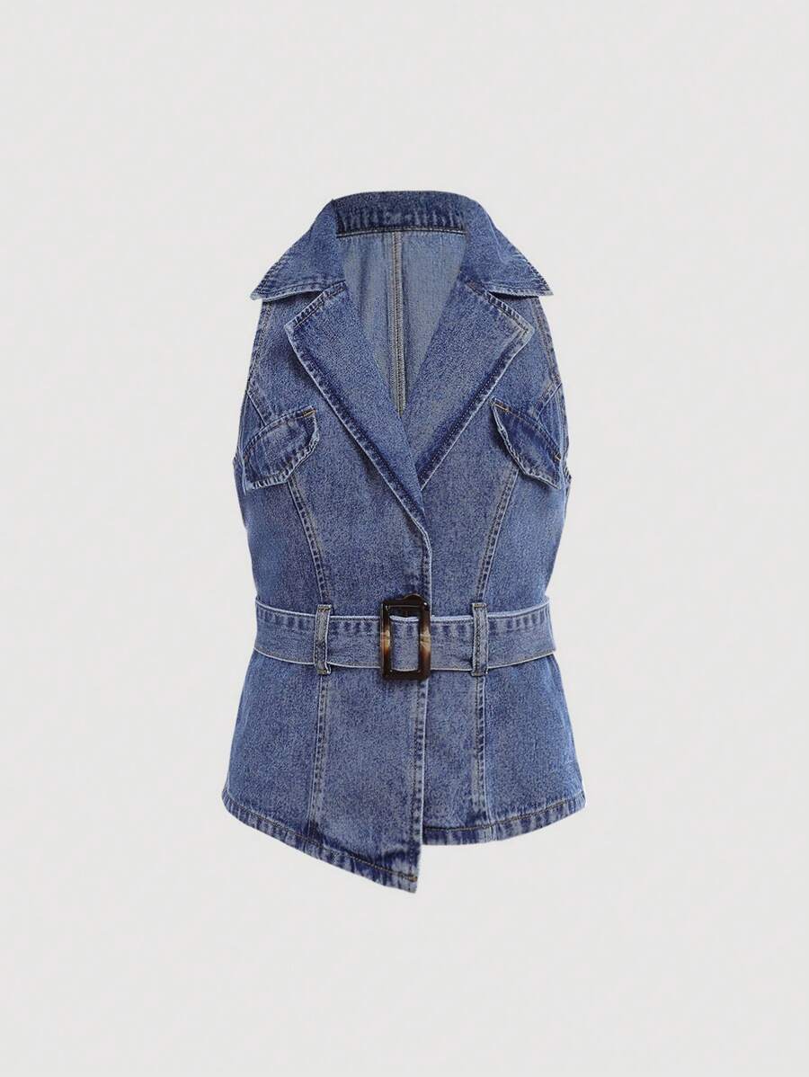 SHEIN Teen Girl Casual Washed Blue Denim Vest