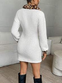 SHEIN Unity 1pc Women Solid Color Contrast Zipper Front Long Sleeve Minimalist Short Dress - Beige - View 2