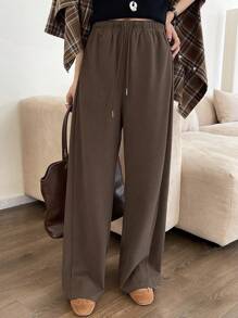 DAZY Quần dài màu trơn lưng thun co giãn có dây rút cho nữ - màu nâu - Xem 1