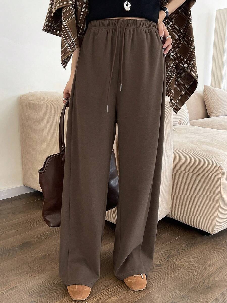 DAZY Quần dài màu trơn lưng thun co giãn có dây rút cho nữ - màu nâu - Xem 1