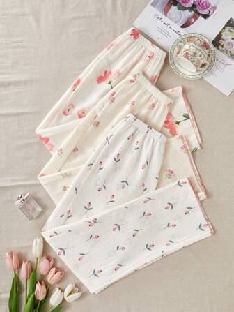 CottageSlumber 3pcs/Pack Women's Bubble & Ruched Floral Print Pajama Pants, Fall Winter Clothes