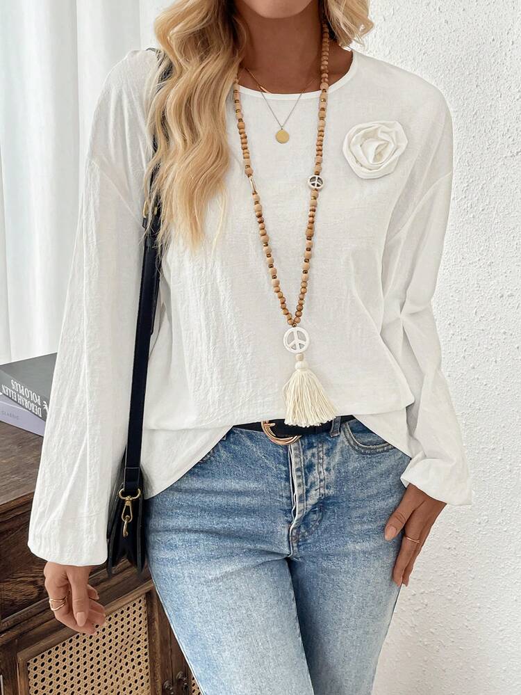 Women Casual Solid Color Dropped Shoulder Loose Fit Decorative Floral Applique Shirt, Spring & Autumn