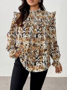 SHEIN Unity 大码女式虎纹荷叶边领长袖时尚衬衫，秋季款 - 彩色 - 查看 5