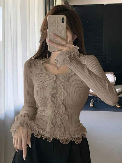 DAZY Women's Solid Color Ruffle Patchwork Long Sleeve Fitted Cardigan, Autumn,Back To School Clothes,Fall Women Clothes