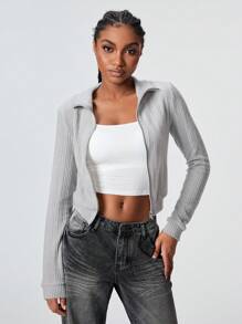 Flirla 1pc Women Grey Casual Minimalist Knitted Textured Mock Neck Long Sleeve Slim Fit Sweatshirt For Autumn/Winter