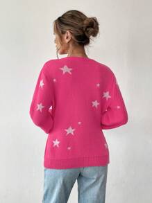 Chiquease Suéter de cuello redondo de manga larga con patrón de estrella de lujo casual para mujer, jersey de punto para otoño e invierno - Rojo - Ver 2