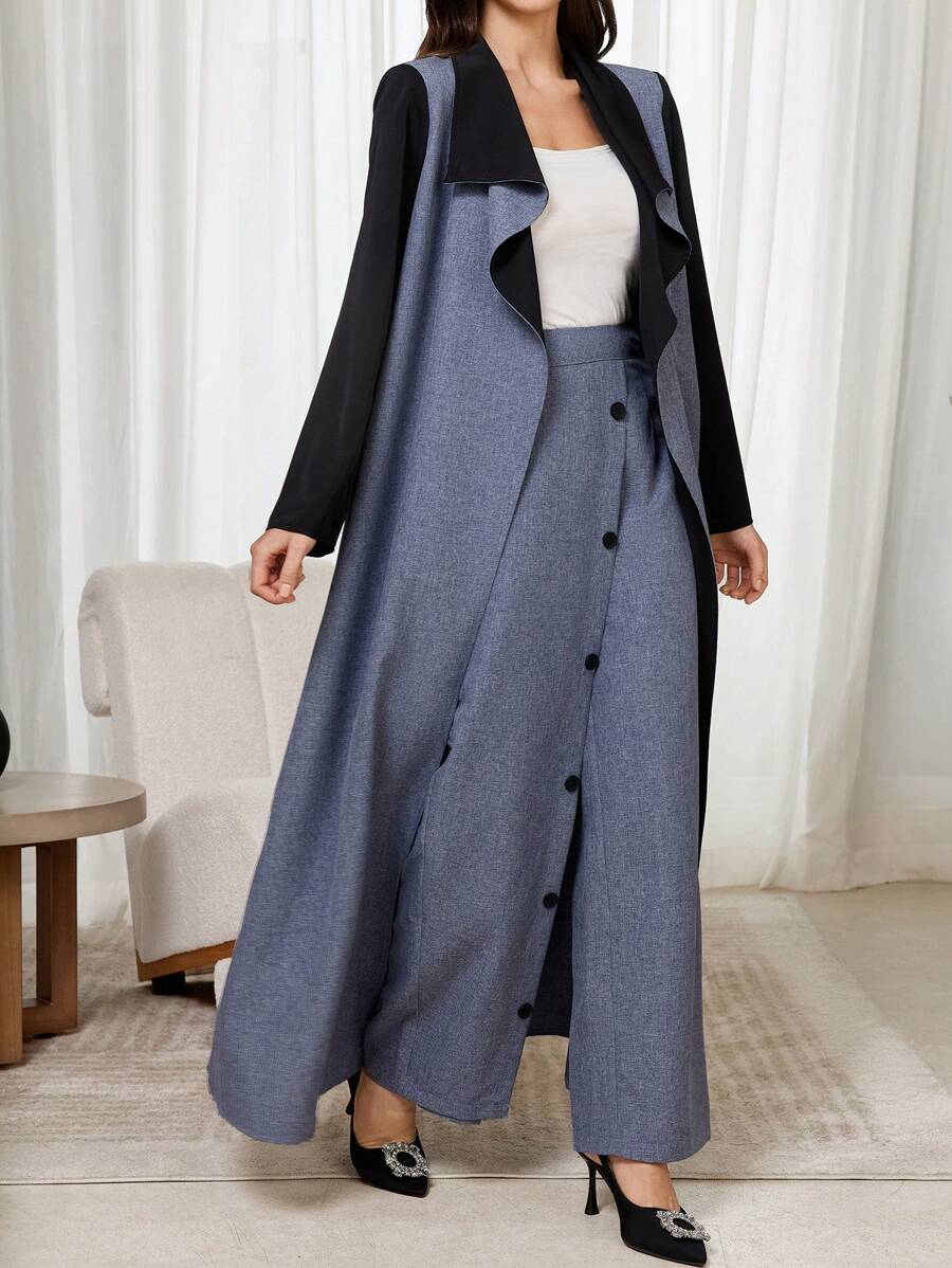 Al Najma 2pcs Women Casual Colorblock Patchwork Long Jacket And Pants Set, Autumn 2 Pieces Set - Blue - View 1