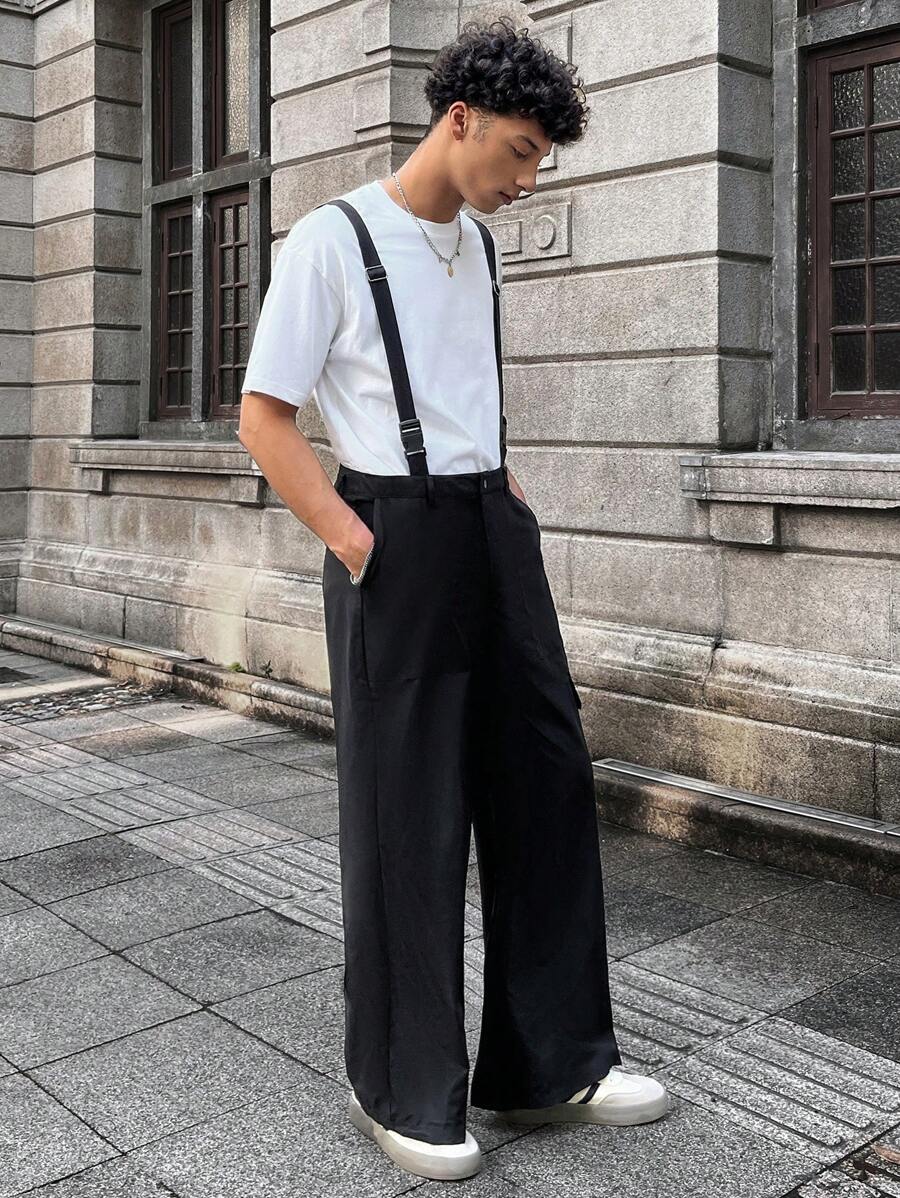 Manfinity VCAY 青年男士休闲宽松梭织背带裤 - 黑色 - 查看 1