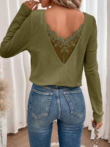 SHEIN Frenchy Lace Spliced Long Sleeve Waffle Fabric Black T-Shirt