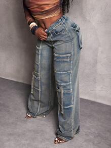 Slaydiva Vrouwen Street Style Flip-Pocket Losse Wijde Broek