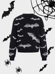 PUNK Grappige vleermuis-grafische ronde hals, drop-shoulder, lange mouwen, Halloween-trui voor dames, herfst/winter