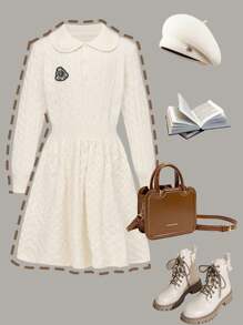 SHEIN Collegiate Style Embroidered Collar & Crochet Trim Dress, Elegant And Intellectual Design For Teen Girls