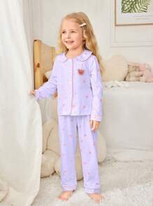 2 件套年轻女孩睡衣套装，简约时尚可爱印花长裤和长袖，休闲家居服