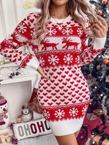 SHEIN LUNE Women's Christmas Pattern Knit Mini Dress - Red and White - View 5