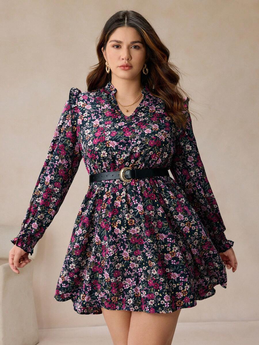 Elaquor Plus Size Casual Floral Notch Neck Dress, Fall Shirts For Women, Fall Women's Clothes, Long Sleeve Dresses, Elegant Printed Floral Dresses, Spring, Summer, Fall Women's Dresses,Beach Dress Sundress,Holiday Outfits Boho
