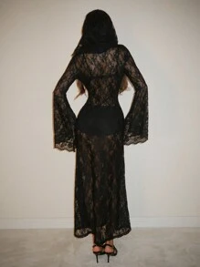 SHEIN ICON Trang phục Halloween màu trơn dành cho nữ, kiểu ma cà rồng, cô dâu ma cà rồng, phong cách Gothic Y2K, ren xuyên thấu gợi cảm, tay dài, có mũ trùm đầu, màu đen. - màu đen - Xem 6