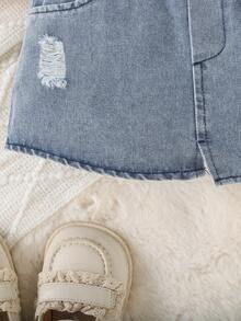 SHEIN 女婴优雅甜美网眼撞色长袖上衣和破洞牛仔裙 2 件套服装，春秋装