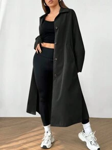 SHEIN EZwear Women's Solid Color Front Button Casual Long Mid-Length Trench Coat In Fall/Winter - Black - View 6