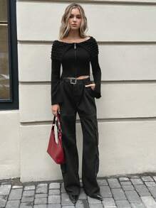 SHEIN Cottnline 针织珠饰拉链细节开衫 - 黑色 - 查看 4