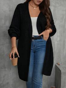 SHEIN LUNE 大码女式纯色黑色长袖休闲开衫，秋冬款