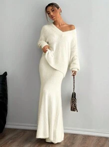 Flirla Set de 2 piezas: Blusa casual de manga larga y cuello en V de color liso y falda evasé - Beis - Ver 3