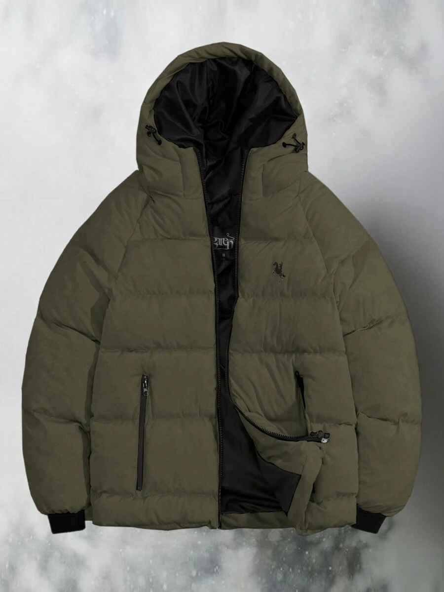 RueChic Áo khoác trùm đầu tay dài in logo nhỏ phong cách giản dị màu tương phản chắp vá ôm vừa vặn có đệm cho nam - xanh quân đội - Xem 1