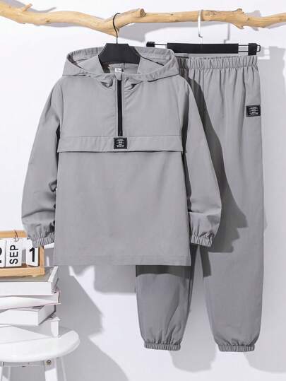 SHEIN Tween Boy 2pcs Set - Zipper Hooded Jacket And Drawstring Pants, Casual Sports Style For Autumn/Winter