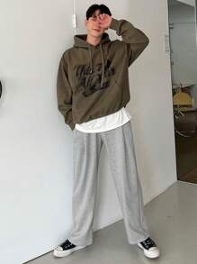 DAZY 男士休闲宽松直筒运动裤，纯色，秋季男士慢跑裤 - 灰色 - 查看 3