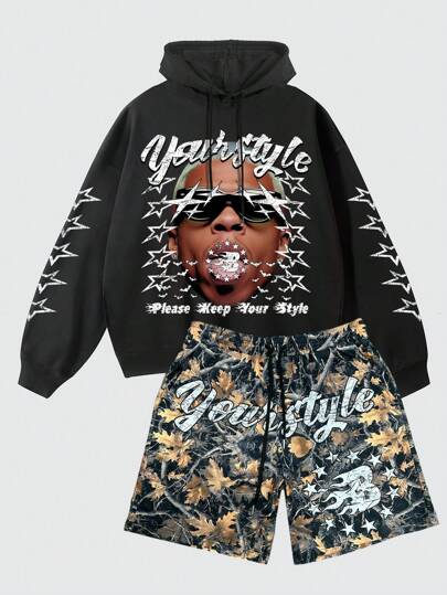Street Life Men's Figure Printed Hooded Sweatshirt & Shorts 2 Pieces Set, Street Retro Style