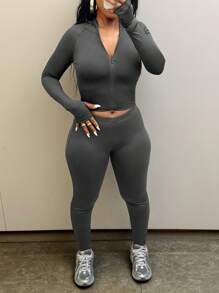 Casual Solid Color Hooded Top And Slim Fit Pants Set - Dark Grey - View 6