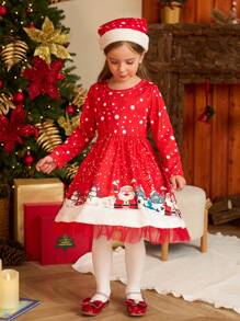 SHEIN Christmas Young Girls Dress - Young Girls Christmas Dress With Knitted Jacquard Print Design, Red Mesh Inserted Hem And Matching Hat, Great For Little Adventurers To Showcase Confidence And Style On Holiday Occasions - Red - View 4