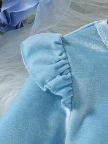 SHEIN Glamorique Kids Young Girls Party Dress - Blue Velvet Fabric With Snowflake Sequin Embroidery, Sheer Mesh Flutter Sleeves , Elegant For Halloween, Parties And Events - Blue - View 5