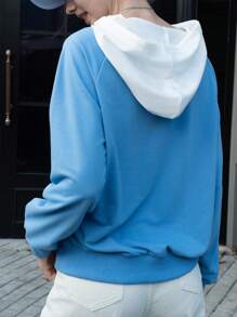 INAWLY Women's Color Block Raglan Sleeve Button Decorated Hooded Blouse, Autumn/Spring Fall Cloth For Women - Blue and White - View 3