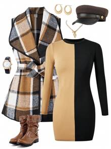 Tween Girls Autumn/Winter Formal Casual Vintage Elegant Design Oversized Collar Plaid Long Vest Jacket Paired With Colorblock Long Sleeve Dress, Suitable For Daily Commute, Casual, Street Style And Family Gatherings