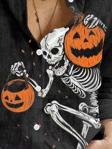 全新万圣节南瓜骷髅怪物印花翻领休闲宽松柔软长袖女式衬衫