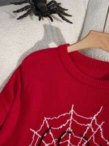 SHEIN EZwear 大码红色蜘蛛网图案保暖针织毛衣，适合万圣节、秋冬季 - 紅色 - 查看 3